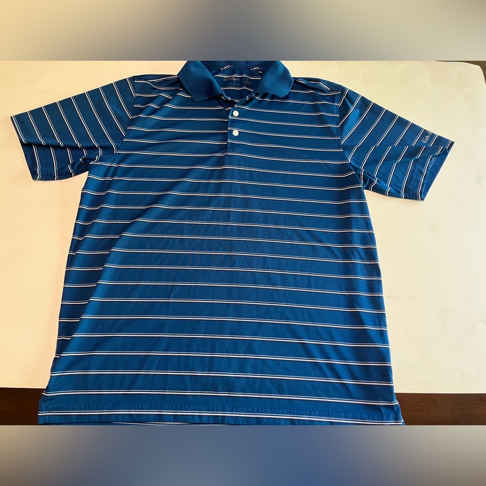 Walter Hagen Polo Shirt Mens Large Blue White Stripes Performance Golf Preppy